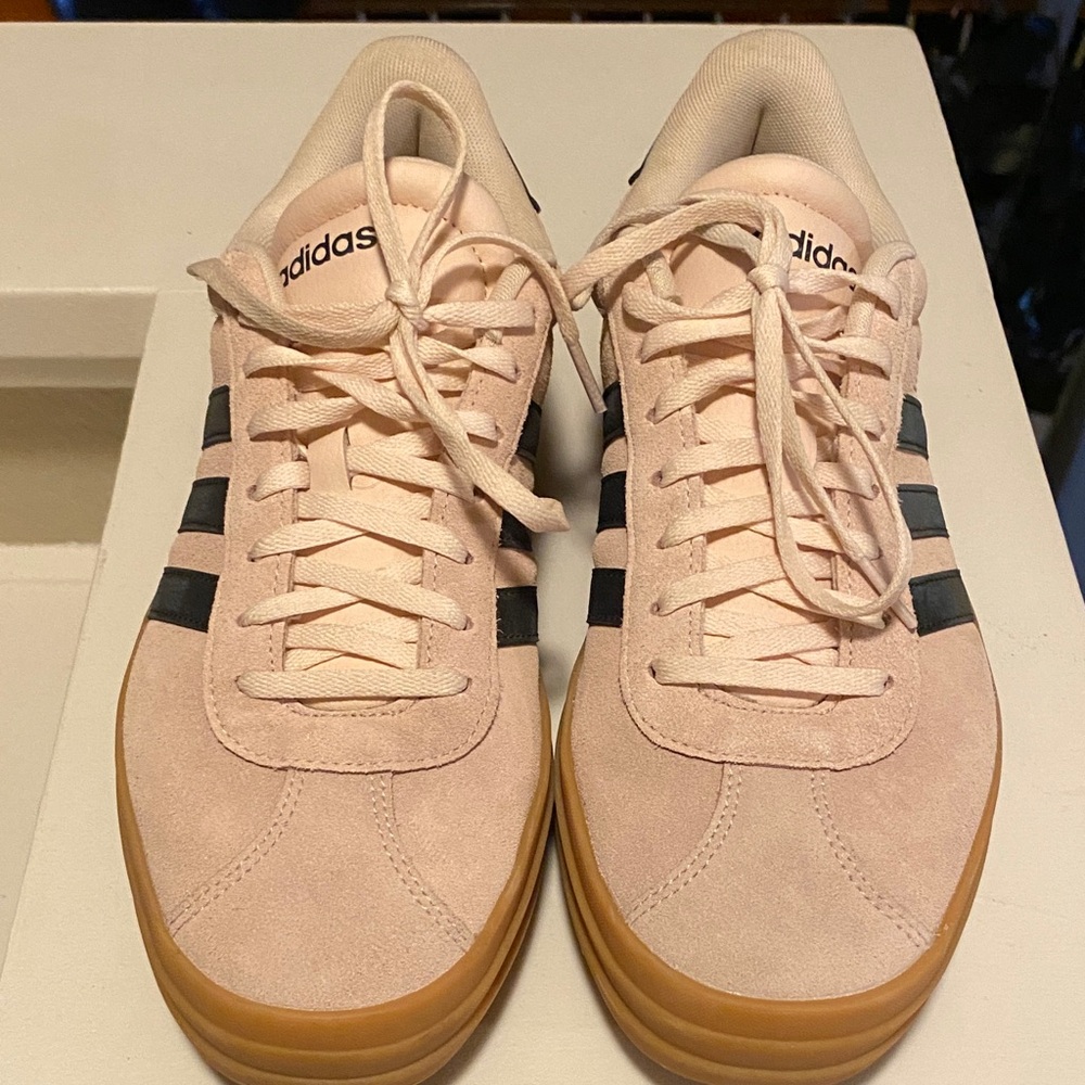 Adidas Women's Pink Sneakers with Blue Stripes
